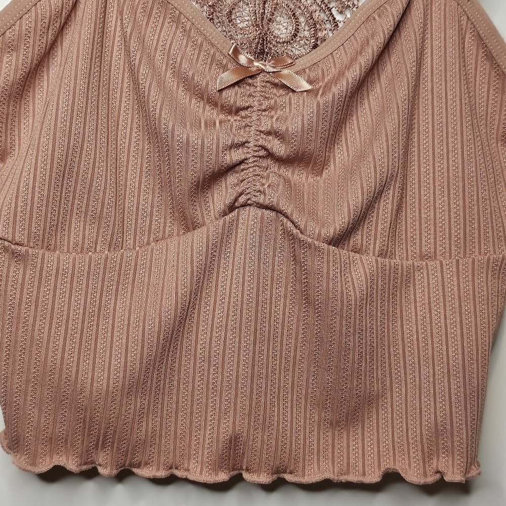 Lace Butterfly Y2K Back Crop Tank Top Medium Dusty Rose Ruffle Ribbed Cami Boho - Picture 4 of 7